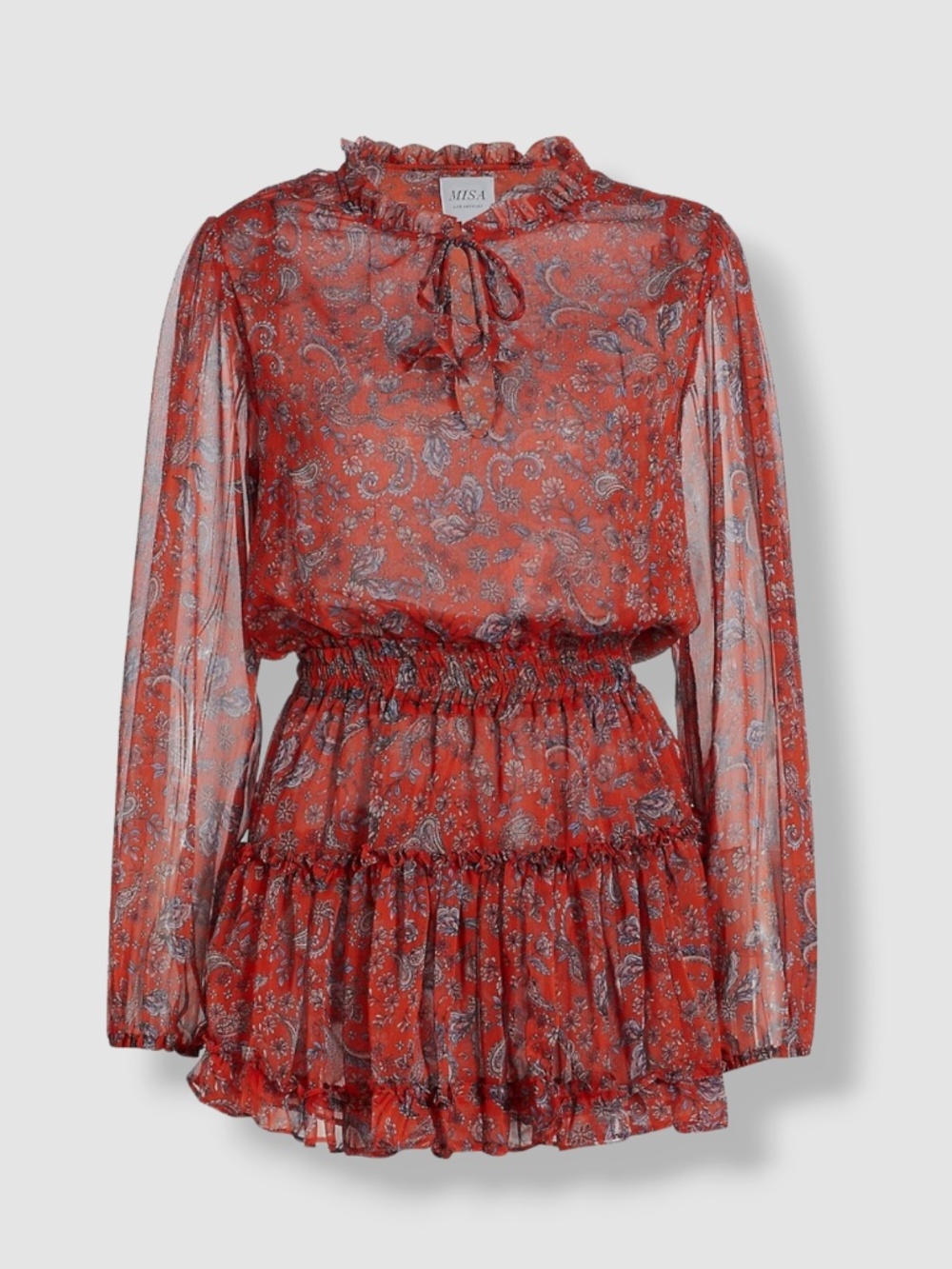 MISA Los Angeles Red Floral Lorena Chiffon Split-Neck Mini Dress - Size M